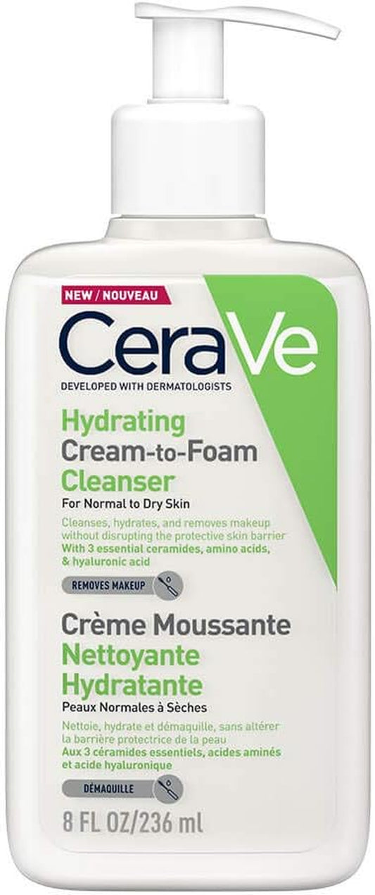 Cerave Hydrating Cream-To-Foam Cleanser, Face, with 3 Essential Ceramides, Amino