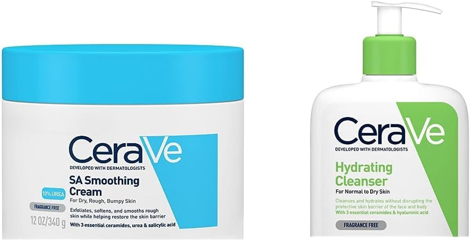 SA Smoothing Cream for Rough and Bumpy Skin 340g and Hydrating Cleanser for Normal to Dry Skin 473ml with Hyaluronic Acid and Three Essential Ceramides